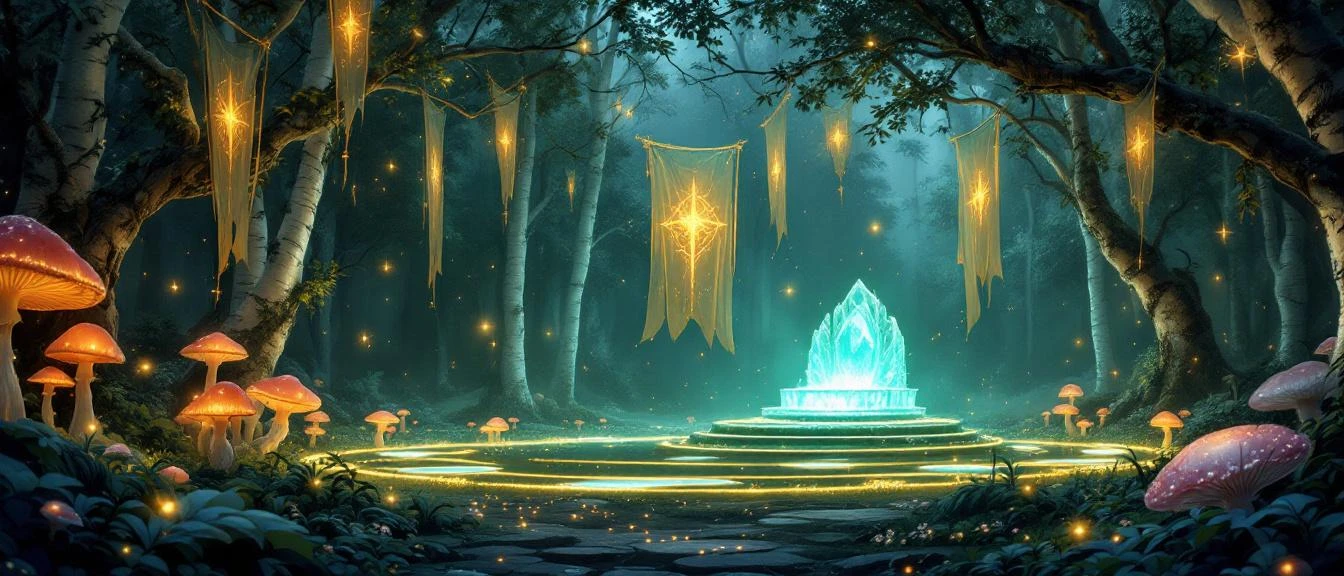 Fae romantasy scene, an ethereal fae court in an enchanted forest