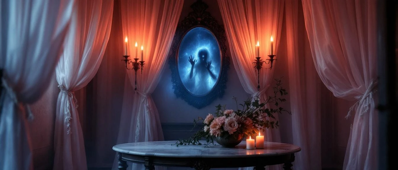 Ghost romantasy scene, a spectral figure reaching across the veil between life and death