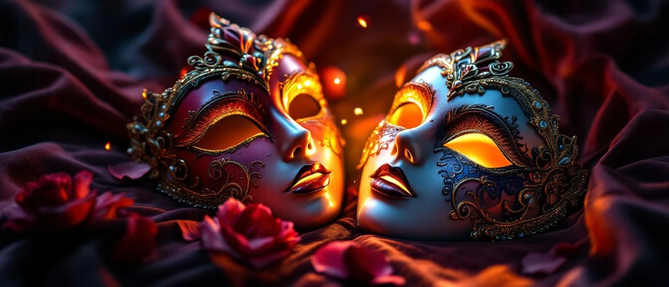 Hidden identity romance — a masked figure at a fantasy masquerade ball