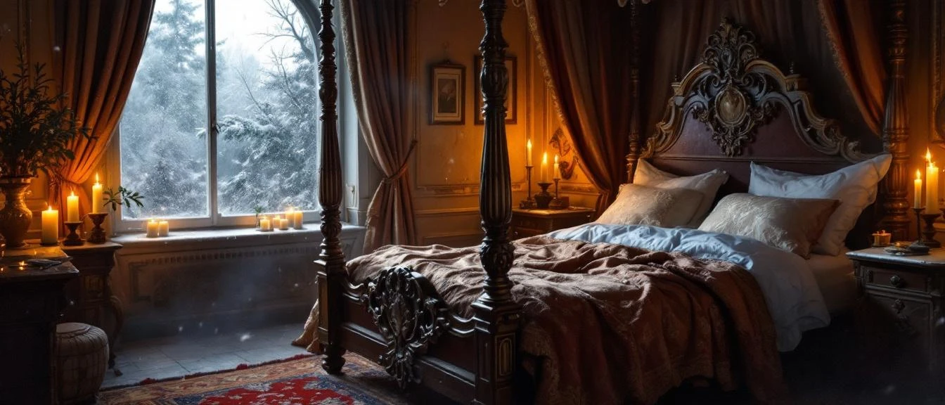 Only one bed romance trope — a moonlit chamber with a single canopy bed
