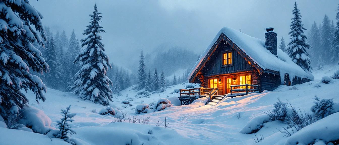 Snowed in romance — two characters stranded in a frozen mountain cabin