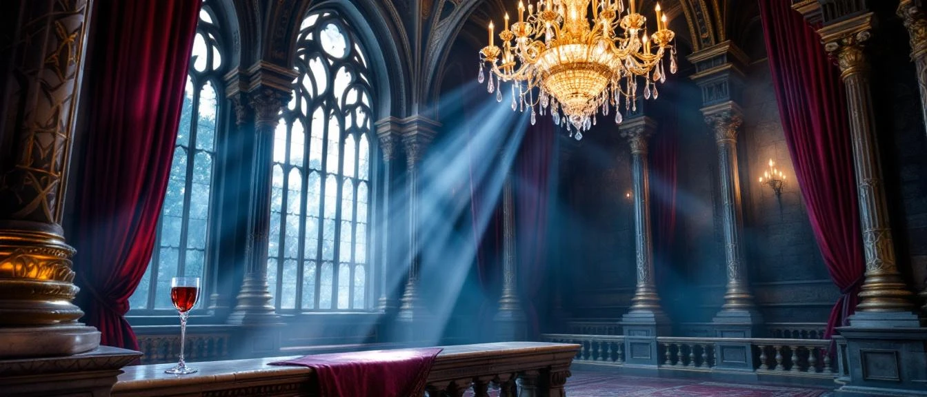 Vampire romantasy scene, an immortal lord in a gothic castle